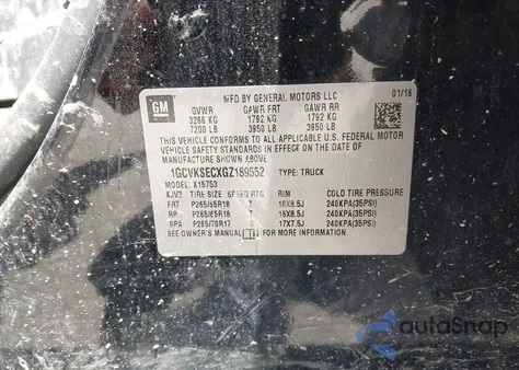 2016 Chevrolet Silverado 1500 2Lz z USA, uszkodzony, nr VIN 1GCVKSECXGZ189552